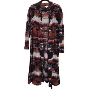 Lucky Brand Aztec Knit Duster Cardigan Women’s L Long Open Front Boho Southwest